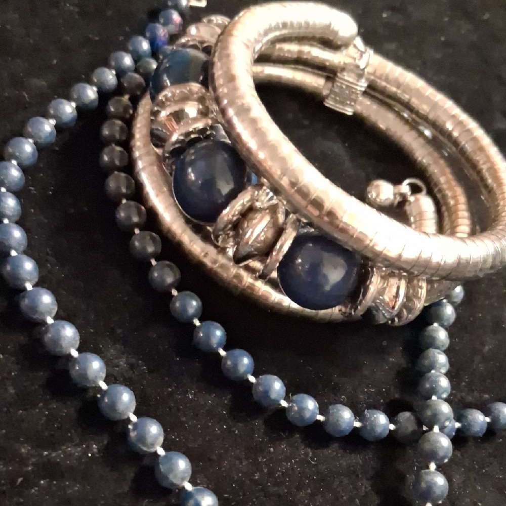 Silver and Blue Beaded Coil Mesh Triple Wrap Bracelet with Blue Beaded Necklace.